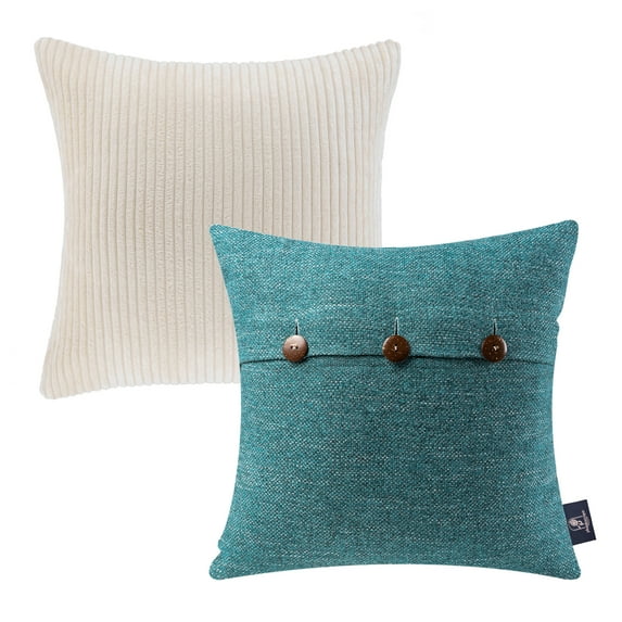 Phantoscope Decorative Throw Pillow Set, Soft Corduroy Striped Velvet & Triple Buttons Cotton Blend Series Bundle, for Sofa Couch Bedroom, Off White & Lake Blue, 18" x 18"