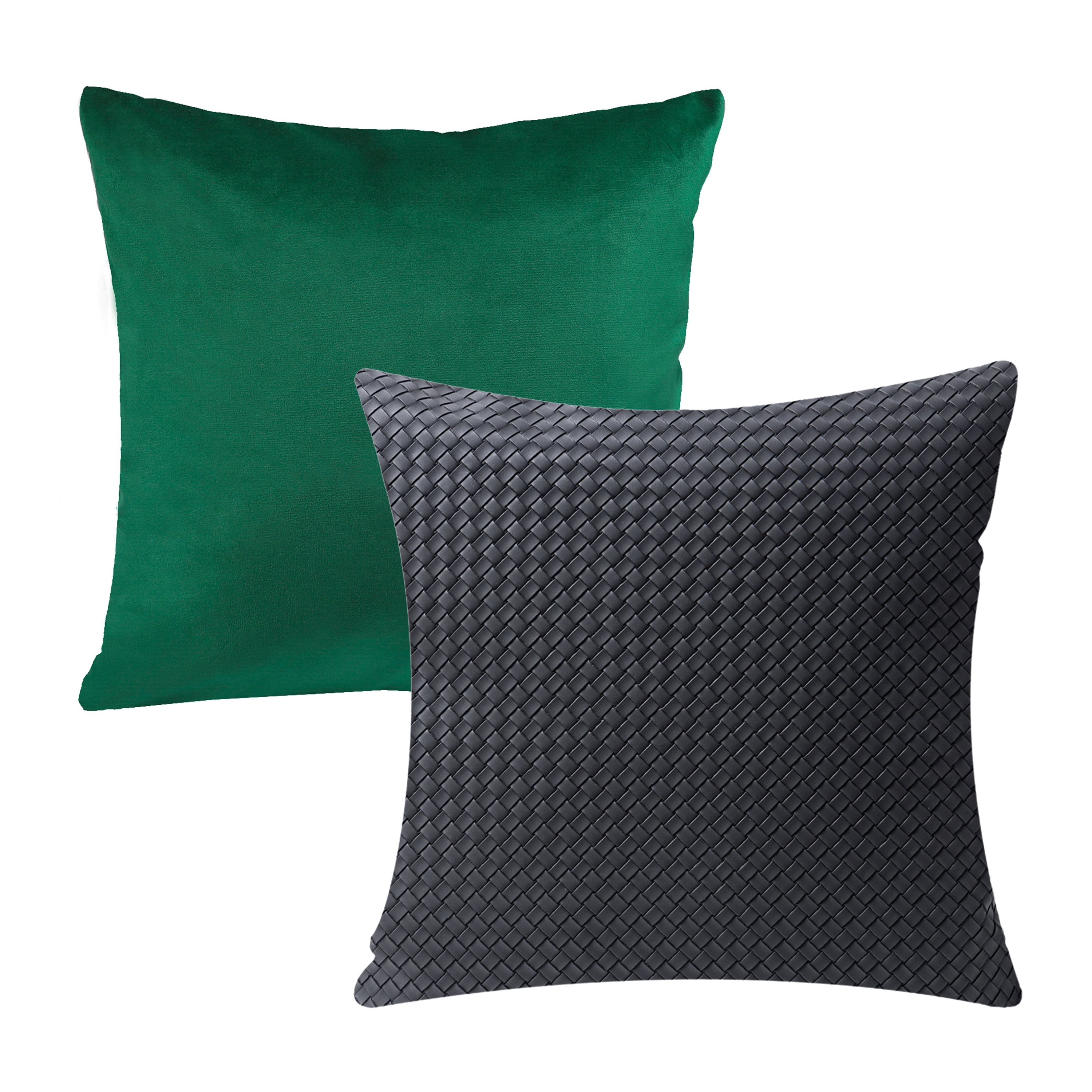 Phantoscope Decorative Throw Pillow Set, Soft Silky Velvet & Modern Faux Leather Woven Series Cushion Bundle, for Sofa Couch Bedroom, Dark Green & Dark Gray, 18" x 18"