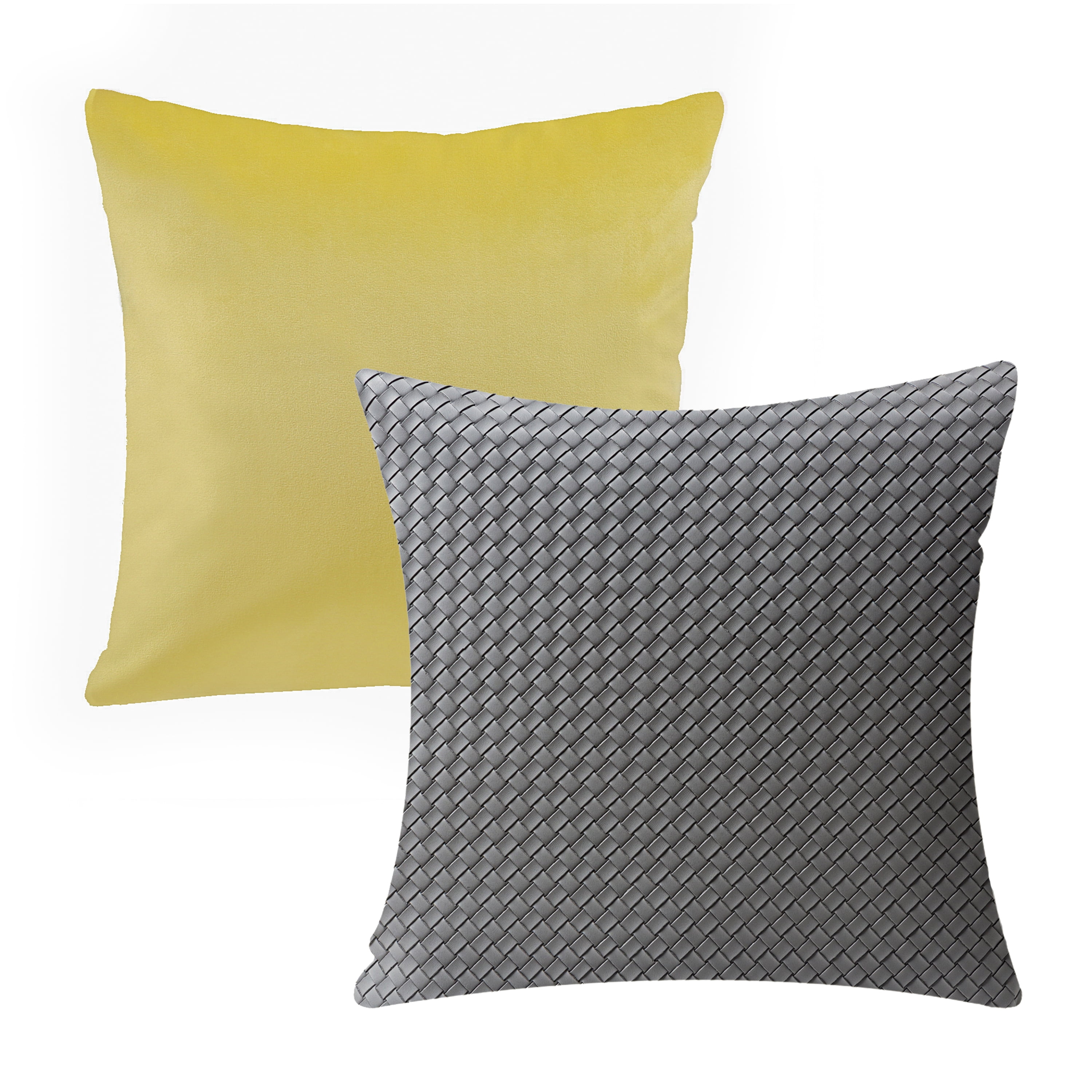 Phantoscope Decorative Throw Pillow Set, Soft Silky Velvet & Modern Faux Leather Woven Series Cushion Bundle, for Sofa Couch Bedroom, Yellow & Light Gray, 18" x 18"