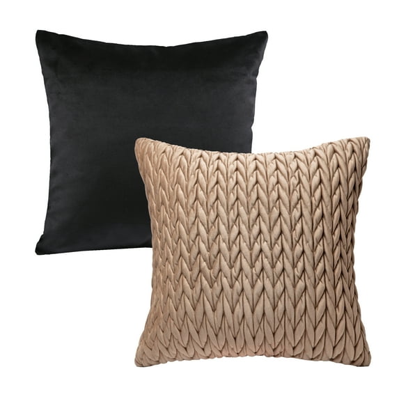 Phantoscope Decorative Throw Pillow Set, Soft Silky Velvet & Quilt Striped Velvet Series Cushion Bundle, for Sofa Couch Bedroom, Black and Light Coffee, 18" x 18"