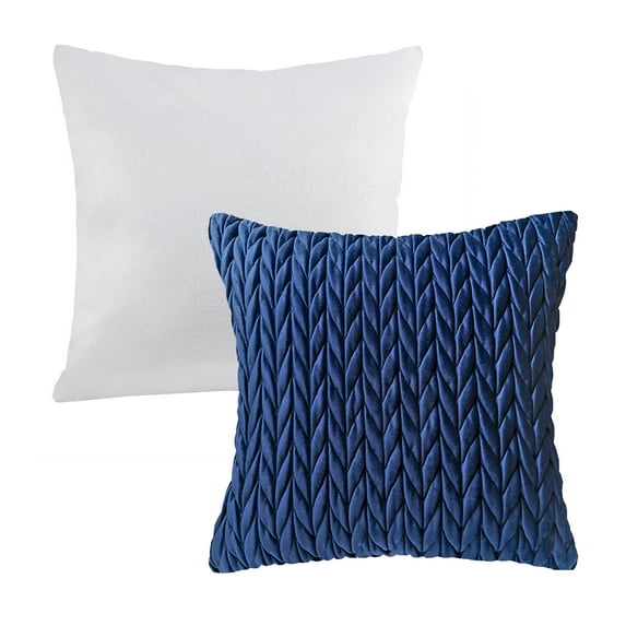Phantoscope Decorative Throw Pillow Set, Soft Silky Velvet & Quilt Striped Velvet Series Cushion Bundle, for Sofa Couch Bedroom, White and Navy, 18" x 18"