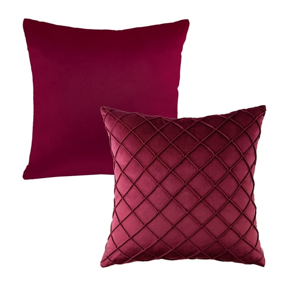 Phantoscope Decorative Throw Pillow Set, Soft Silky Velvet & Soft Pleated Velvet Bundle, for Sofa Couch Bedroom, Dark Red & Wine Red, 18" x 18"