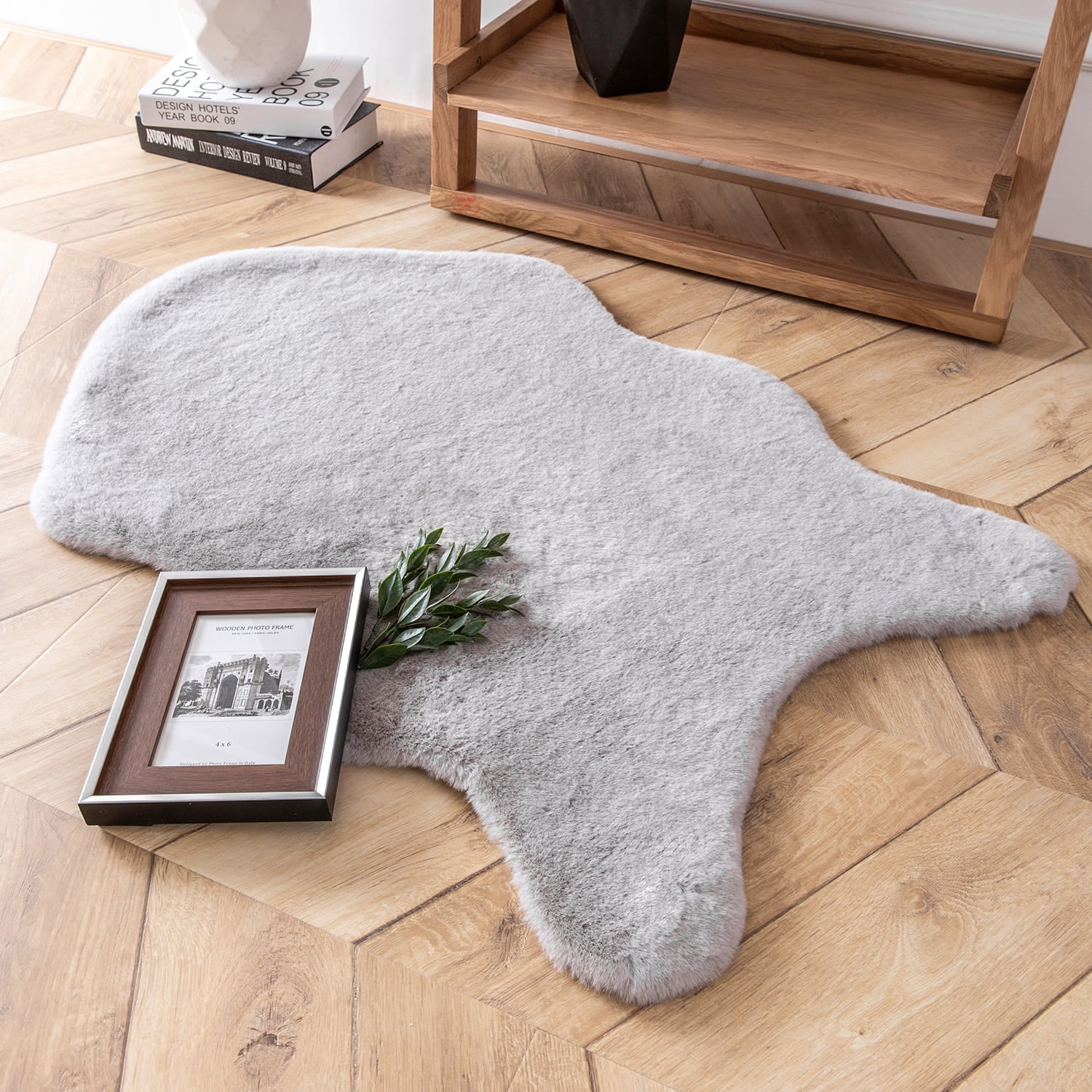 Phantoscope Deluxe Soft Faux Rabbit Fur Collection Asymmetrical Decorative Home Decor Modern Area Rug, Gray