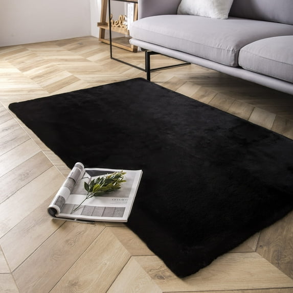 Phantoscope Deluxe Soft Faux Rabbit Fur Collection Decorative Home Decor Modern Area Rug, Black