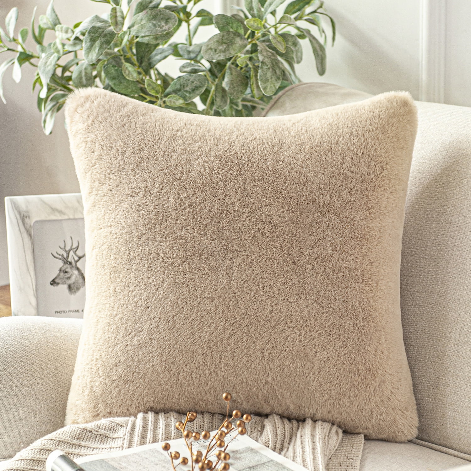 Phantoscope Deluxe Soft Faux Rabbit Fur Series Decorative Throw Pillow, 18" x 18", Beige, 1 Pack