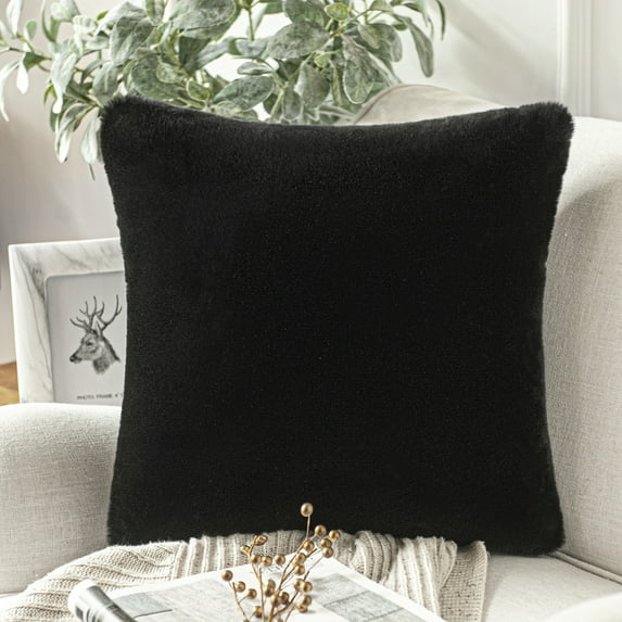 Phantoscope Deluxe Soft Faux Rabbit Fur Series Decorative Throw Pillow, 18" x 18", Black, 1 Pack