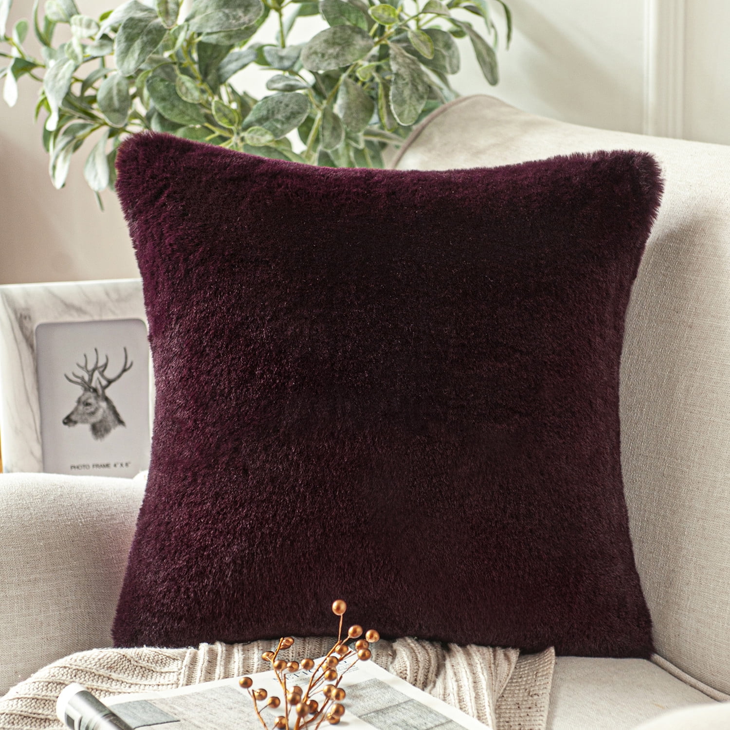 Phantoscope Deluxe Soft Faux Rabbit Fur Series Decorative Throw Pillow, 18" x 18", Dark Purple, 1 Pack