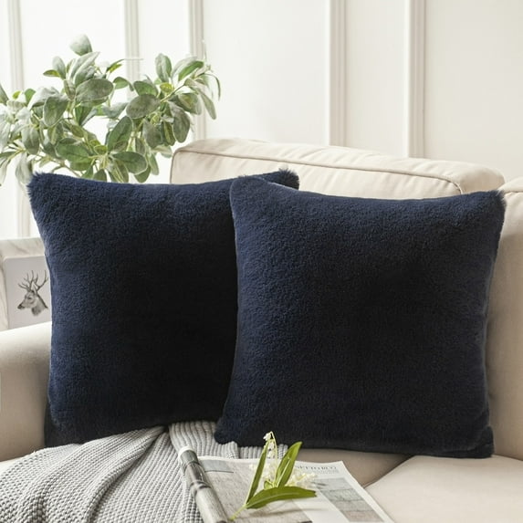 Phantoscope Deluxe Soft Faux Rabbit Fur Series Decorative Throw Pillow, 18" x 18", Navy Blue, 2 Pack