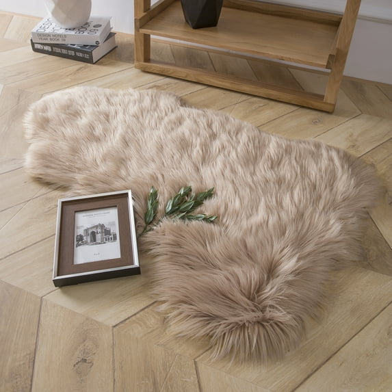 Phantoscope Deluxe Soft Faux Sheepskin Fur Collection Asymmetrical Area Rug, Beige