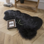 Phantoscope Deluxe Soft Faux Sheepskin Fur Collection Asymmetrical Area Rug, Black