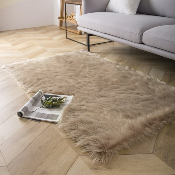 Deluxe Ultra Soft Faux Sheepskin Fur Series Fluffy Decorative Indoor Shag Area Rug, 3 x 5 Feet Rectangle, Beige, 1 Pack