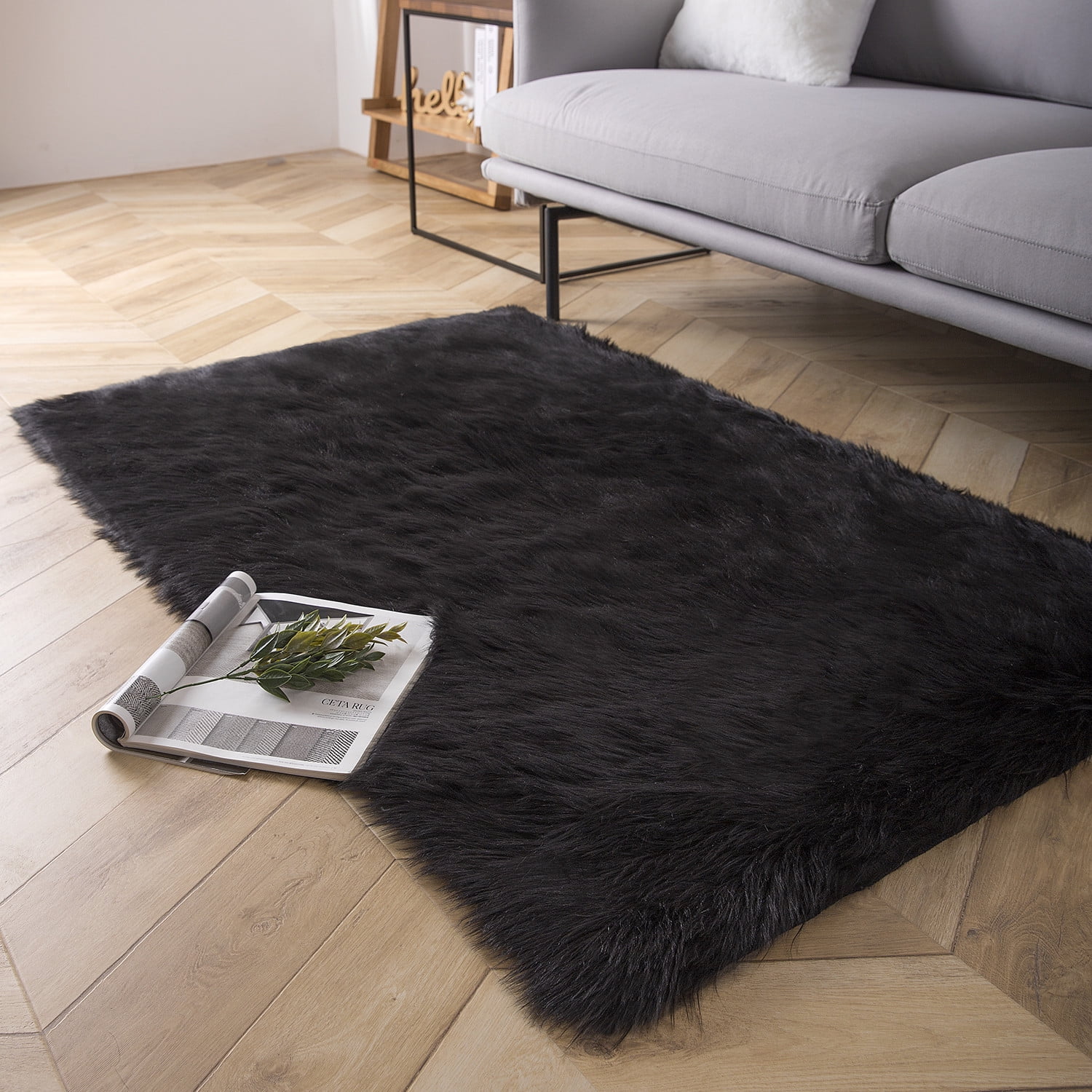 Phantoscope Deluxe Soft Faux Sheepskin Fur Collection Decorative Home Decor Modern Area Rug, Black