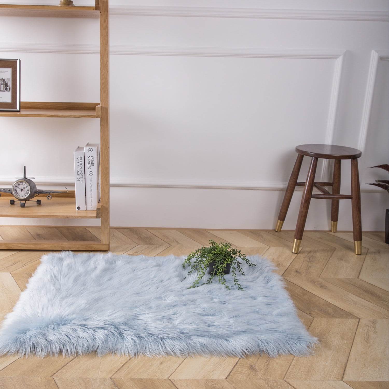 Deluxe Ultra Soft Faux Sheepskin Fur Series Fluffy Decorative Indoor Shag Area Rug, 3 x 5 Feet Rectangle, Light Blue, 1 Pack