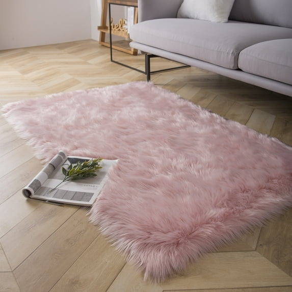 Deluxe Ultra Soft Faux Sheepskin Fur Series Fluffy Decorative Indoor Shag Area Rug, 3 x 5 Feet Rectangle, Pink, 1 Pack