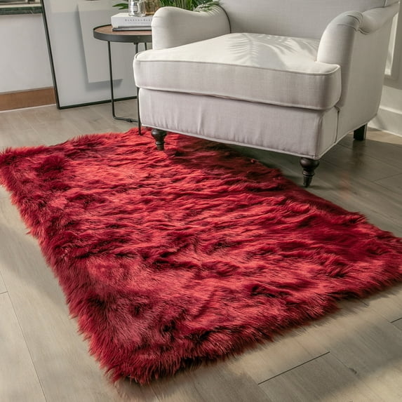 Deluxe Ultra Soft Faux Sheepskin Fur Series Fluffy Decorative Indoor Shag Area Rug, 3 x 5 Feet Rectangle, Red, 1 Pack
