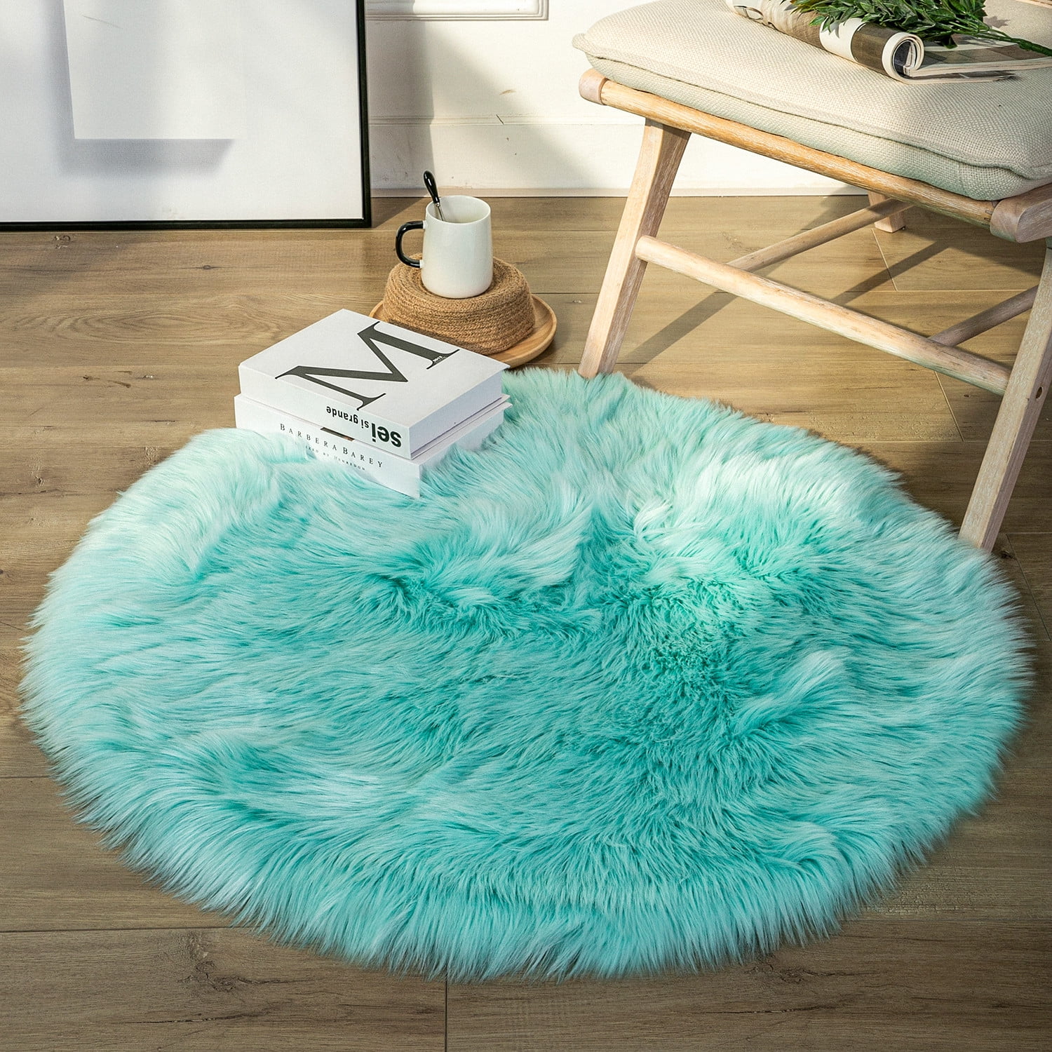 Deluxe Ultra Soft Faux Sheepskin Fur Series Fluffy Decorative Indoor Shag Area Rug, 3 x 3 Feet Round, Turquoise, 1 Pack