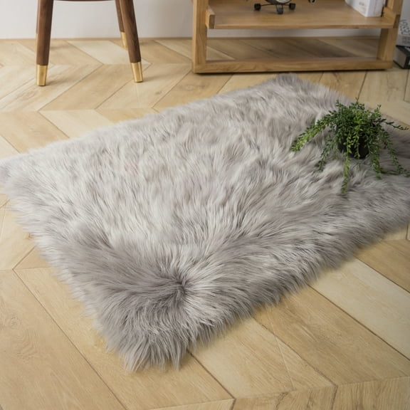 Deluxe Ultra Soft Faux Sheepskin Fur Series Fluffy Decorative Indoor Shag Area Rug, 2 x 3 Feet Rectangle, Grey, 1 Pack