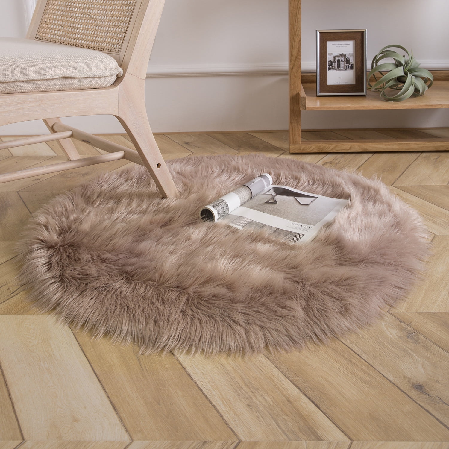 Deluxe Ultra Soft Faux Sheepskin Fur Series Fluffy Decorative Indoor Shag Area Rug, 3 x 3 Feet Round, Beige, 1 Pack