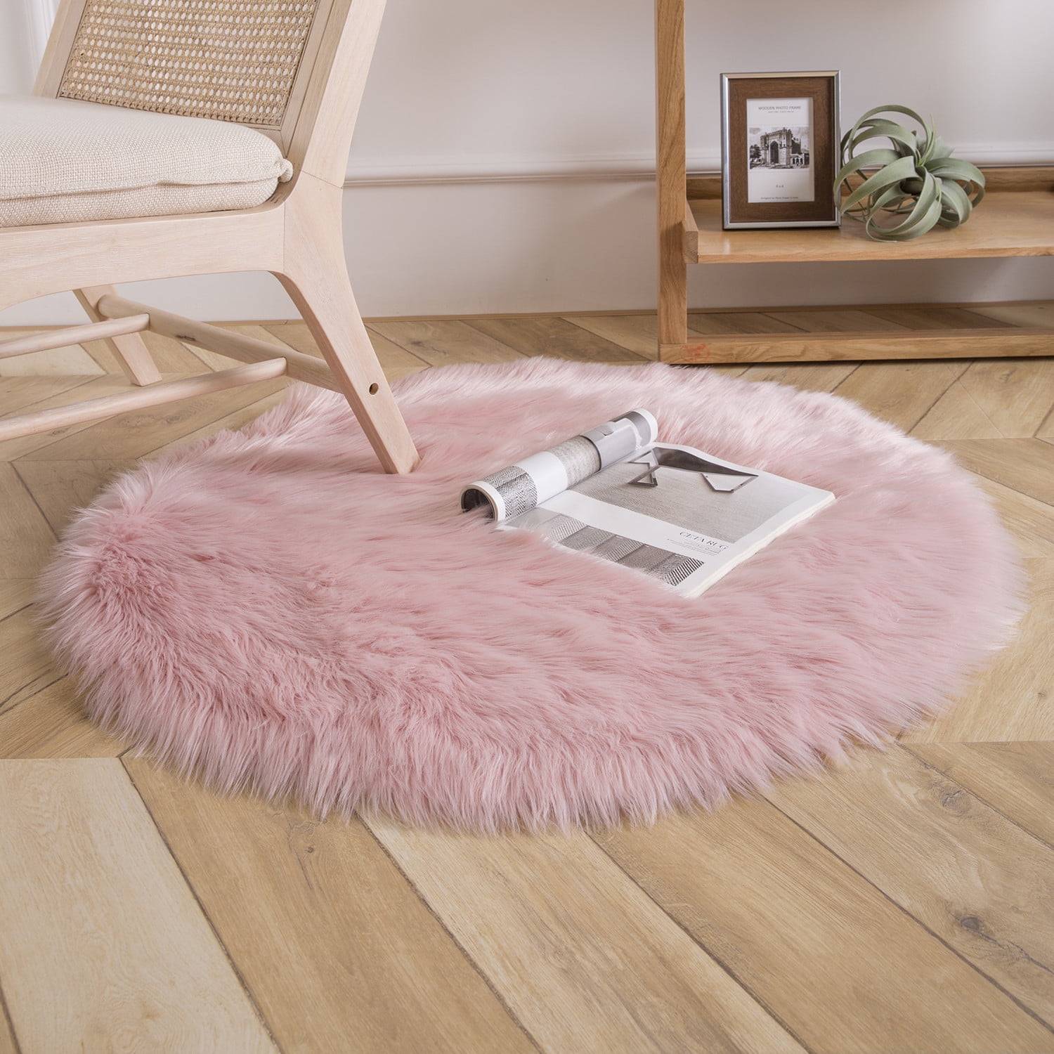 Phantoscope Deluxe Soft Faux Sheepskin Fur Series Decorative Indoor Area Rug 3 x 3 Feet Round, Pink, 1 Pack