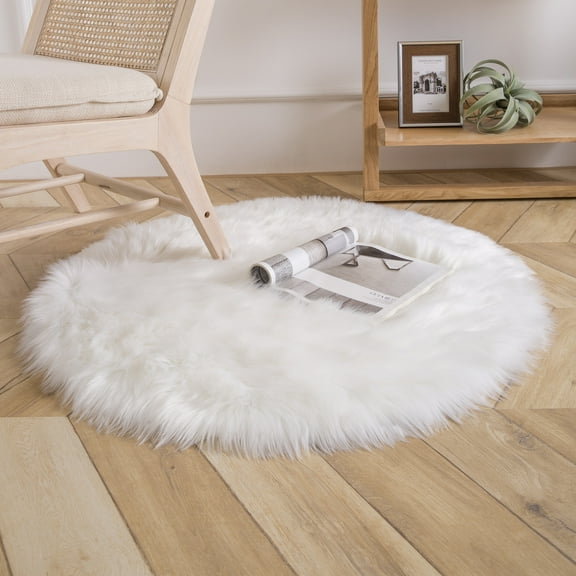 Phantoscope Deluxe Soft Faux Sheepskin Fur Series Decorative Indoor Area Rug 3 x 3 Feet Round, White, 1 Pack