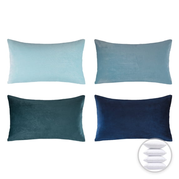 Phantoscope Designer's Choice Decorative Throw Pillow Bundle Set, Blue Gradient Silky Velvet Series Covers with inserts, 12" x 20", 4 Pack