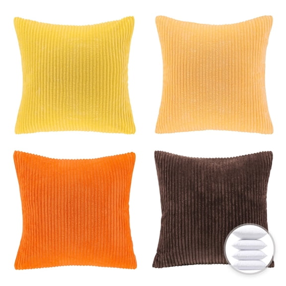 Phantoscope Designer's Choice Decorative Throw Pillow Bundle Set, Yellow Gradient Corduroy Striped Velvet Series Covers with inserts, 18" x 18", 4 Pack