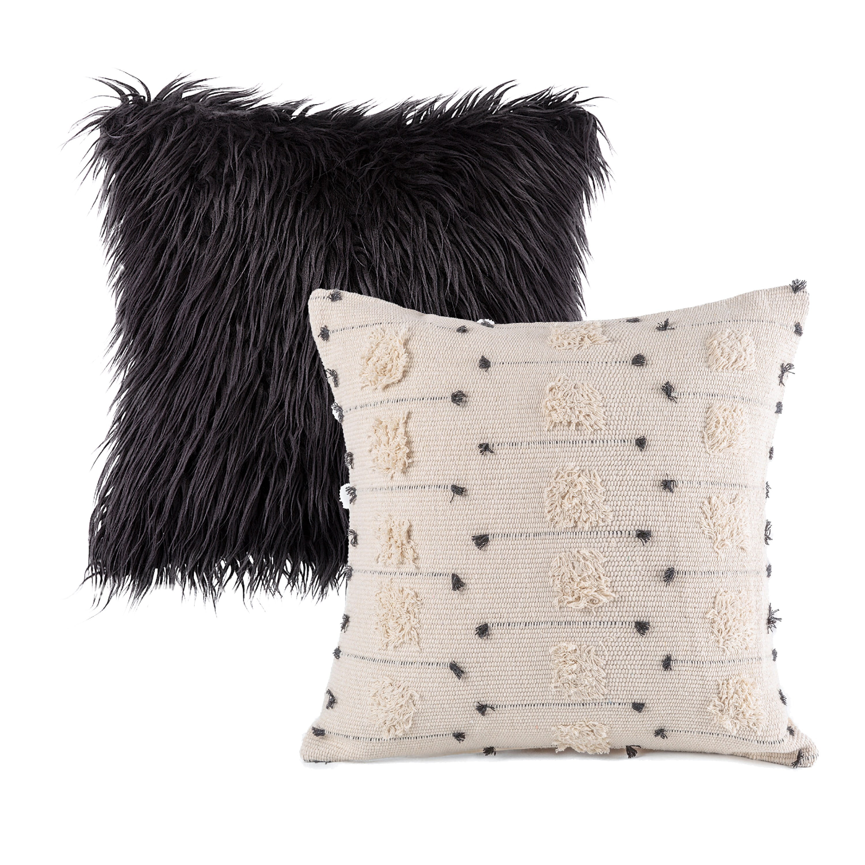 Phantoscope Designer's Choice Decorative Throw Pillow Set, Fluffy Faux Fur & Boho Woven Tufted Bundle, for Sofa Couch Bedroom, 18" x 18", Black and Beige, 2 Pack