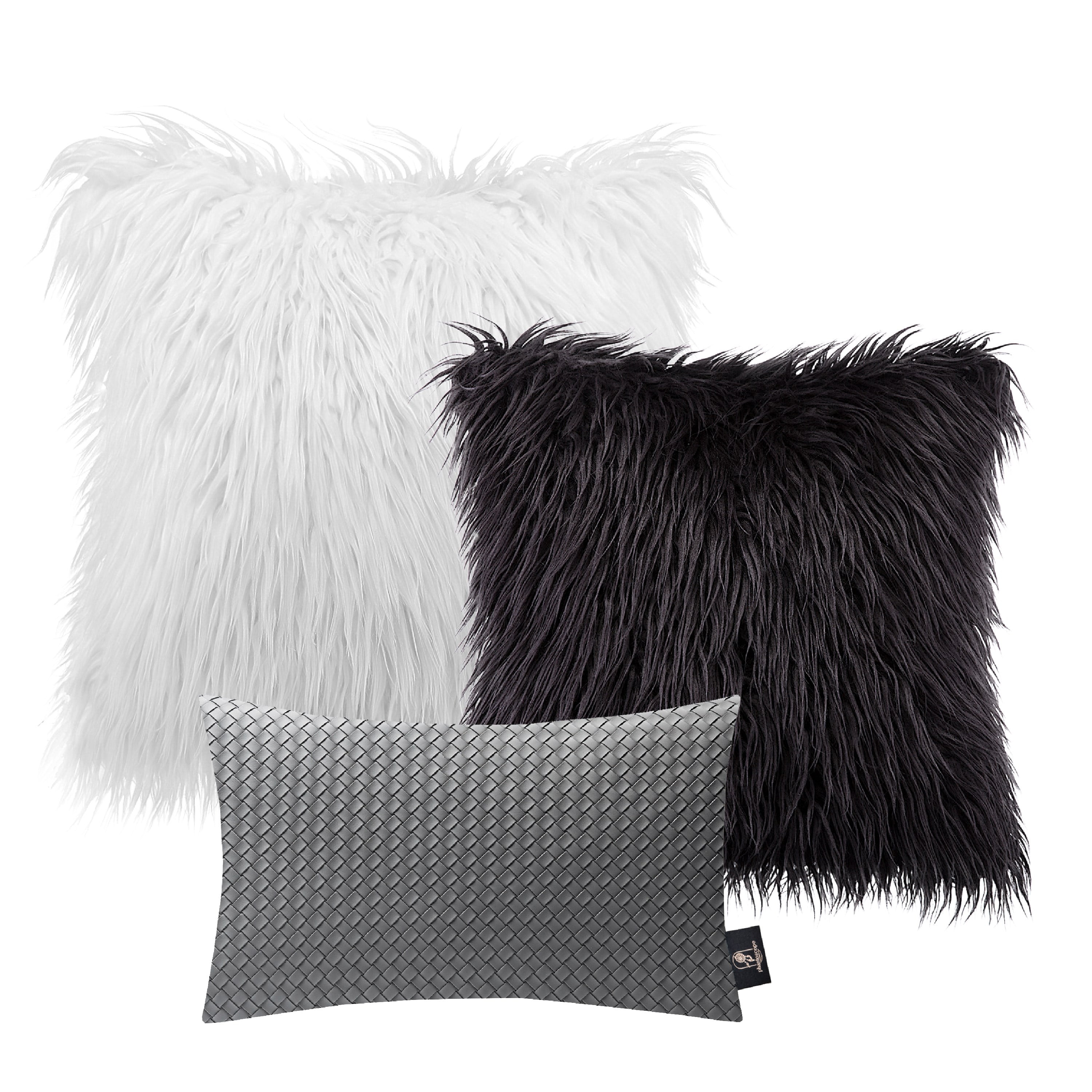 Phantoscope Designer's Choice Decorative Throw Pillow Set, Fluffy Faux Fur & Modern Faux Leather Bundle, 12" x 20" Light Gray Leather + 20" x 20" Black Fur + 22" x 22" White Fur, 3 Pack