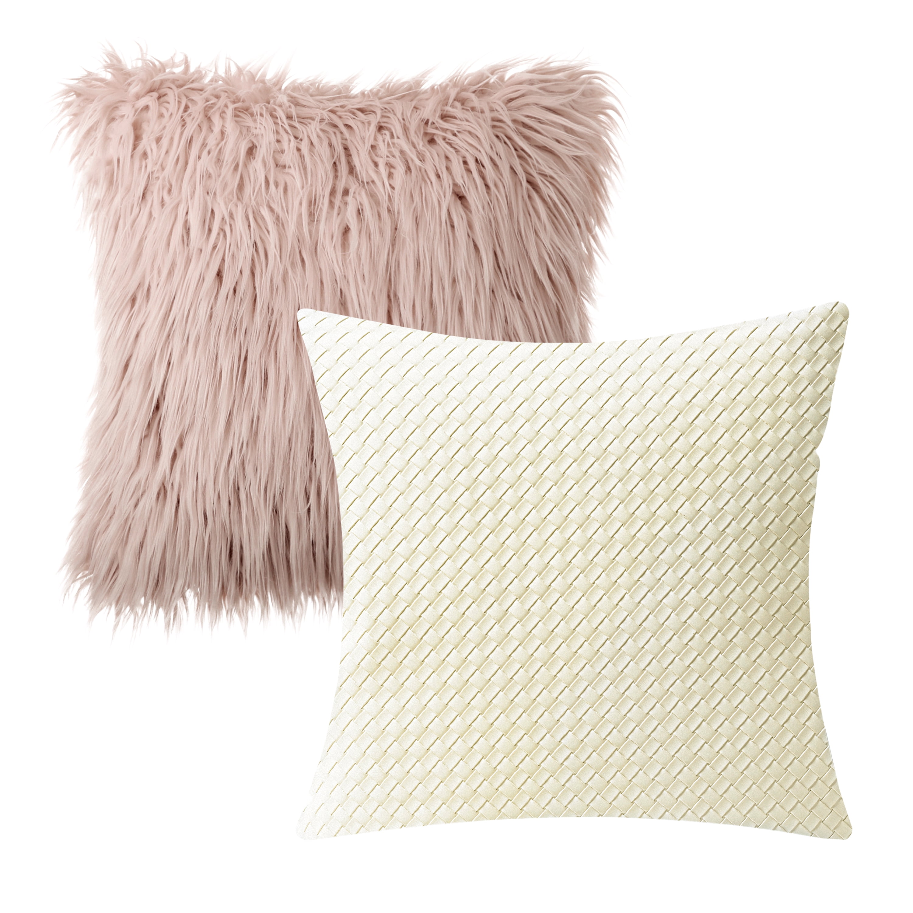 Phantoscope Designer's Choice Decorative Throw Pillow Set, Fluffy Faux Fur & Modern Faux Leather Bundle, for Sofa Couch Bedroom, 18" x 18", Beige Fur and Leather, 2 Pack