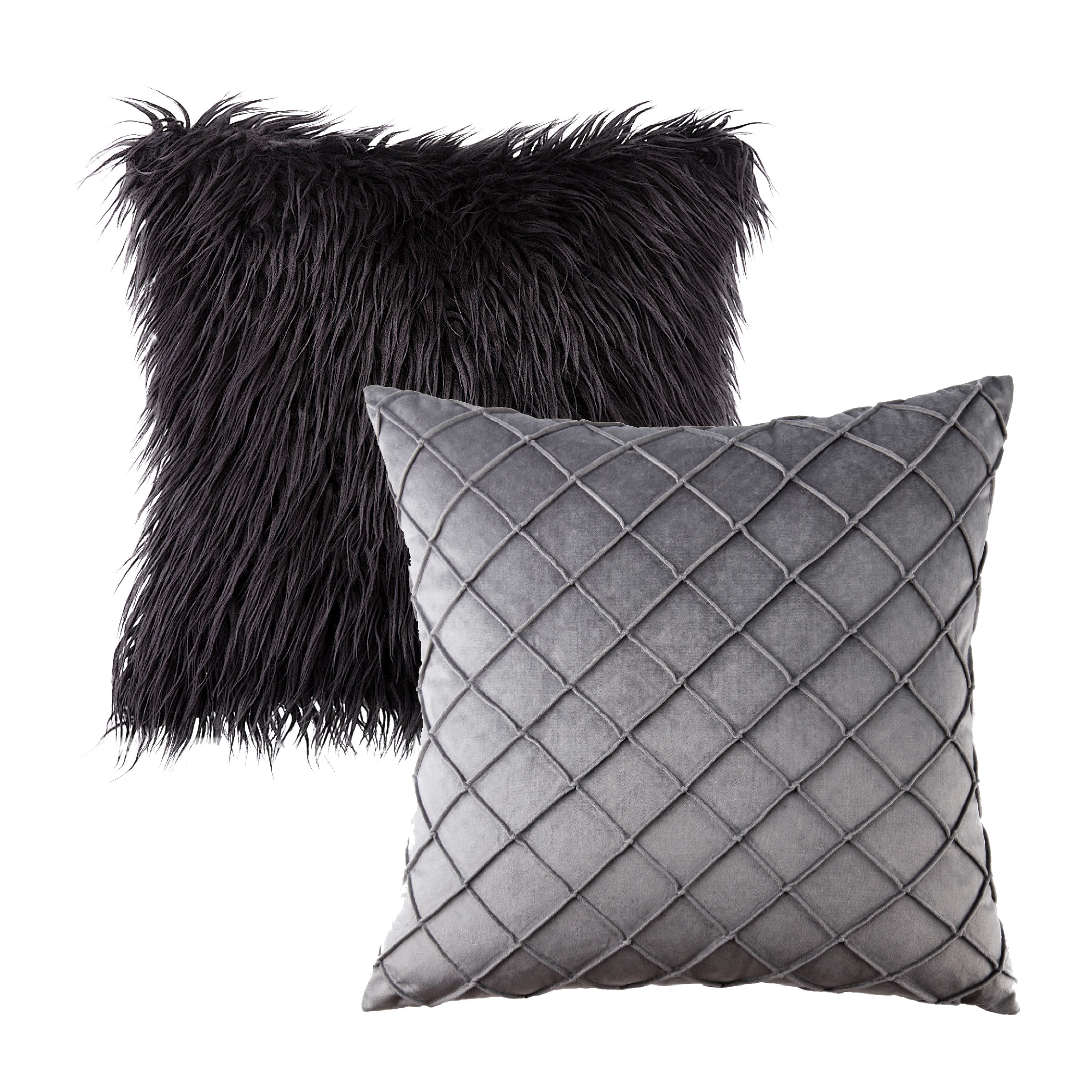 Phantoscope Designer's Choice Decorative Throw Pillow Set, Fluffy Faux Fur & Pleated Velvet Bundle, for Sofa Couch Bedroom, 18" x 18", Black Fur and Dark Gray Velvet, 2 Pack