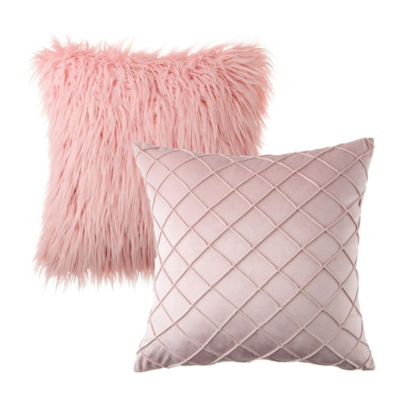 Phantoscope Designer's Choice Decorative Throw Pillow Set, Fluffy Faux Fur & Pleated Velvet Bundle, for Sofa Couch Bedroom, 18" x 18", Light Pink, 2 Pack