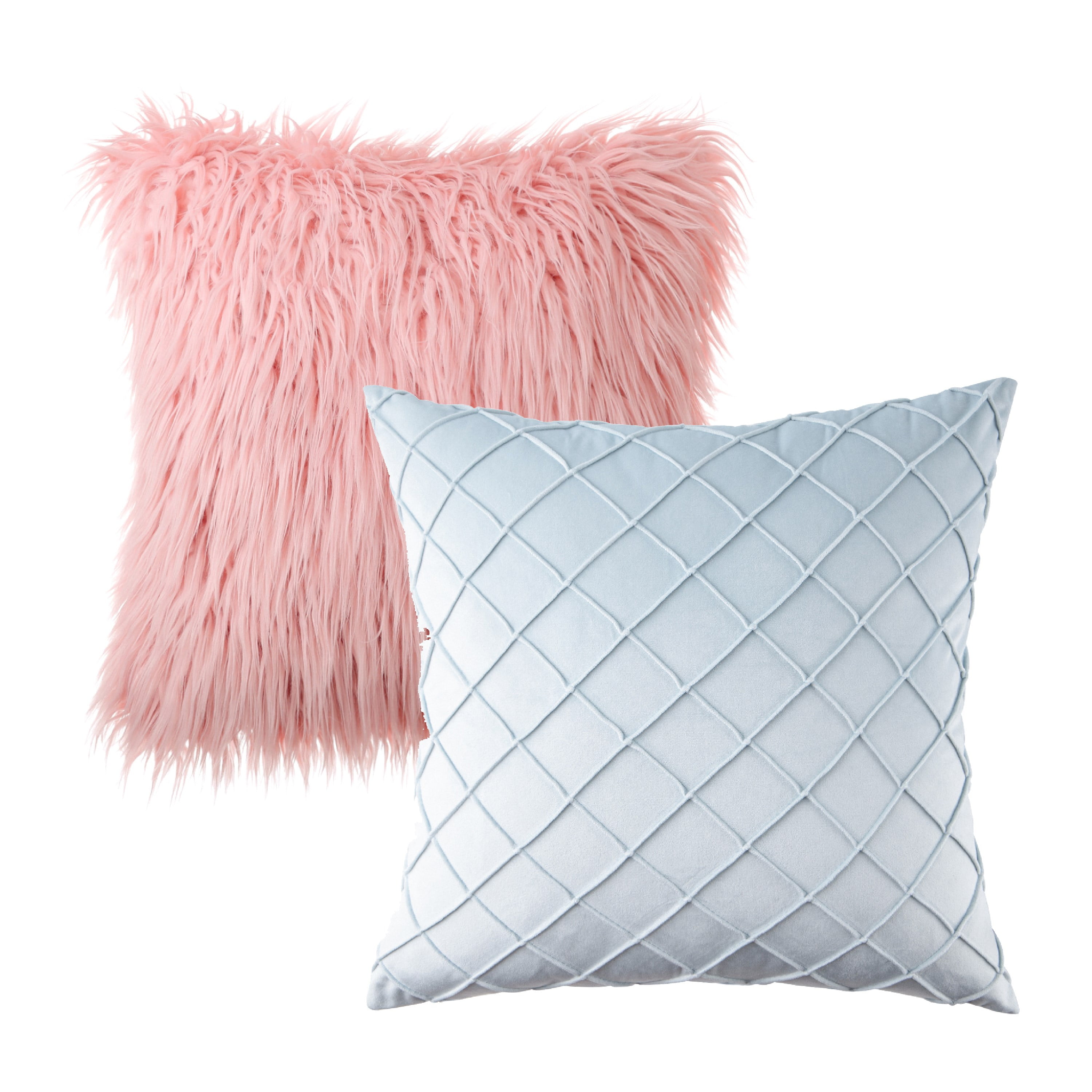 Phantoscope Designer's Choice Decorative Throw Pillow Set, Fluffy Faux Fur & Pleated Velvet Bundle, for Sofa Couch Bedroom, 18" x 18", Light Pink Fur and Light Blue Velvet, 2 Pack