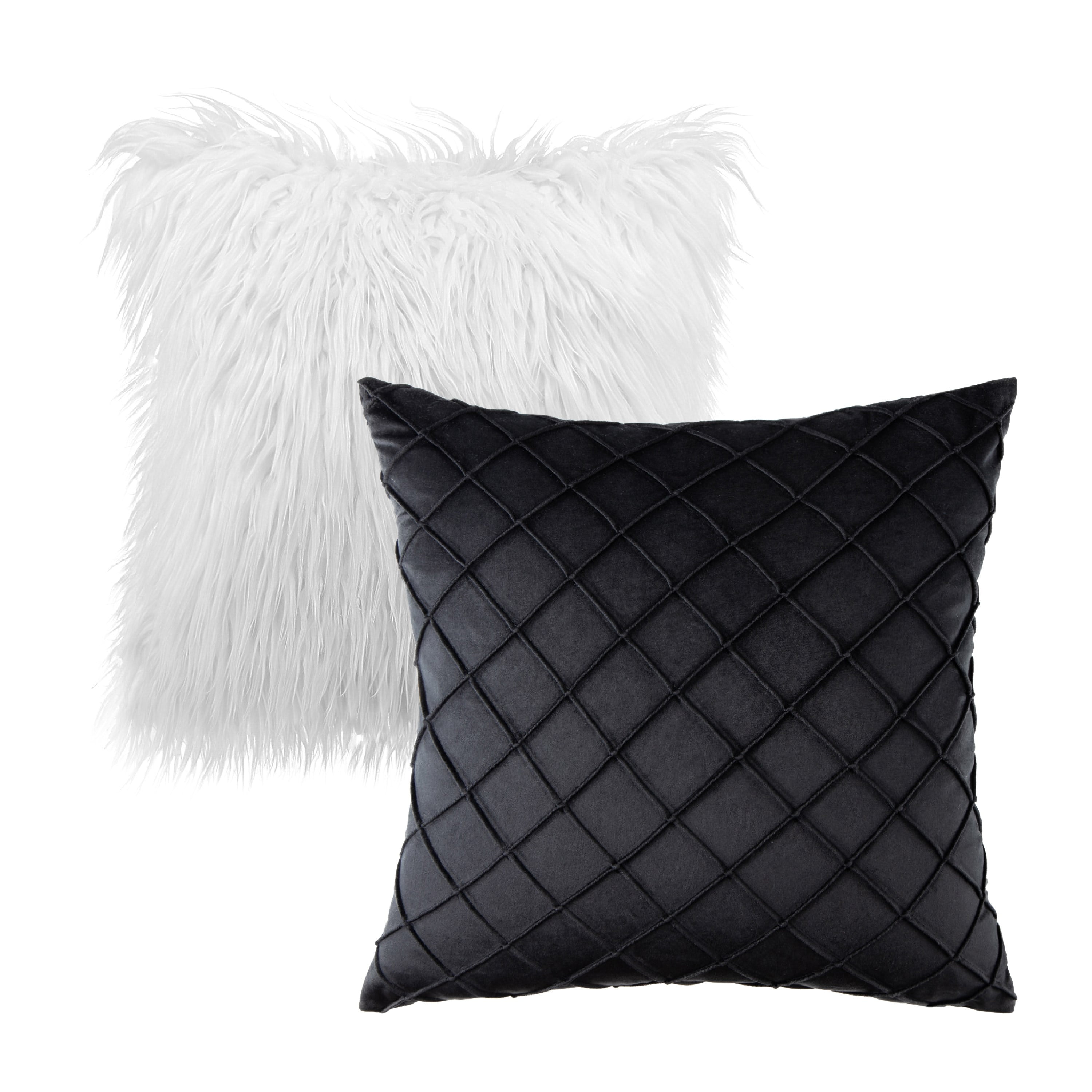 Phantoscope Designer's Choice Decorative Throw Pillow Set, Fluffy Faux Fur & Pleated Velvet Bundle, for Sofa Couch Bedroom, 18" x 18", True White Fur and Black Velvet, 2 Pack