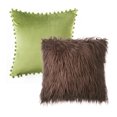 thumbnail image 1 of Phantoscope Designer's Choice Decorative Throw Pillow Set, Fluffy Faux Fur & Pom Pom Velvet Bundle, for Sofa Couch Bedroom, 18" x 18", Brown Fur and Green Velvet, 2 Pack, 1 of 7