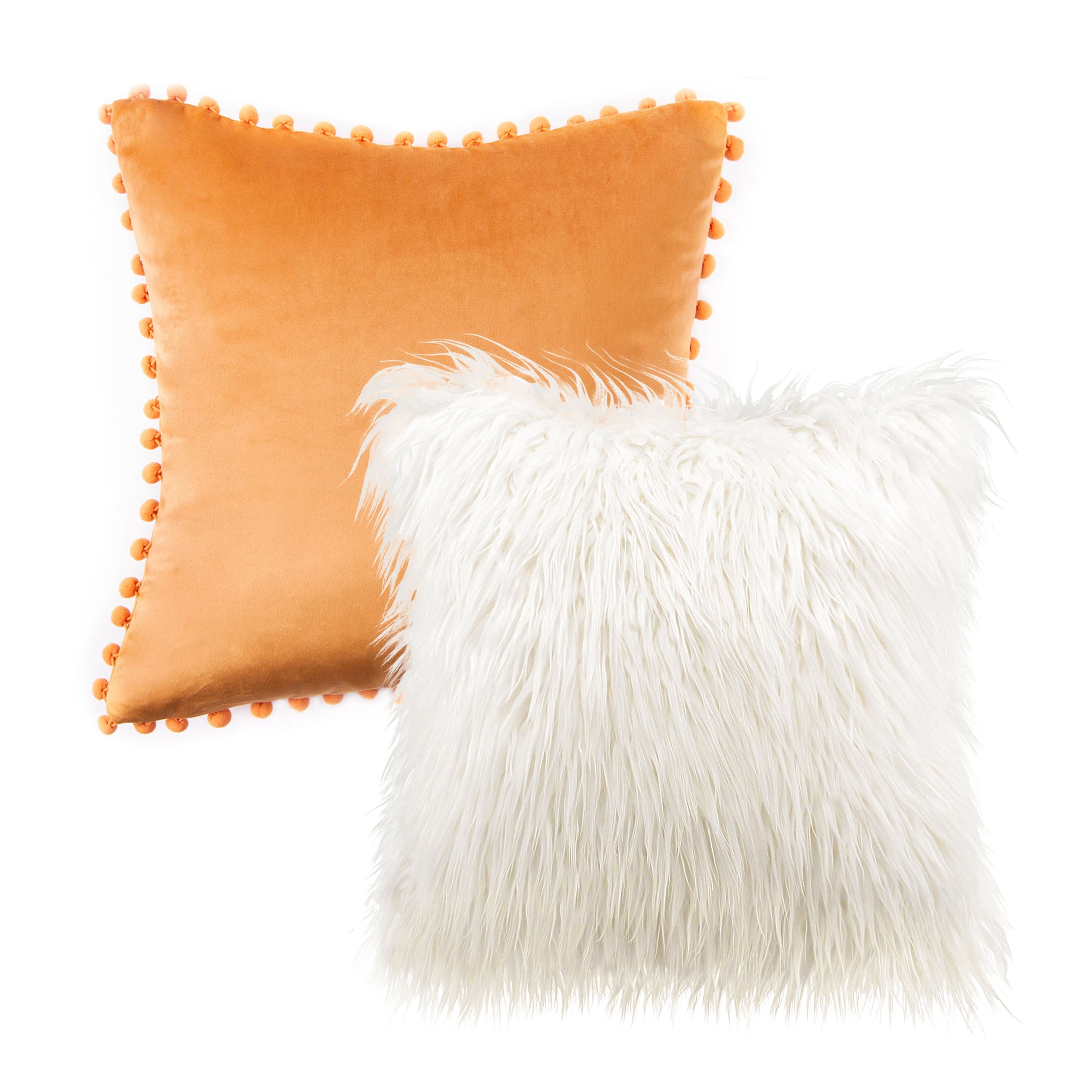 Phantoscope Designer's Choice Decorative Throw Pillow Set, Fluffy Faux Fur & Pom Pom Velvet Bundle, for Sofa Couch Bedroom, 18" x 18", Off White Fur and Orange Velvet, 2 Pack