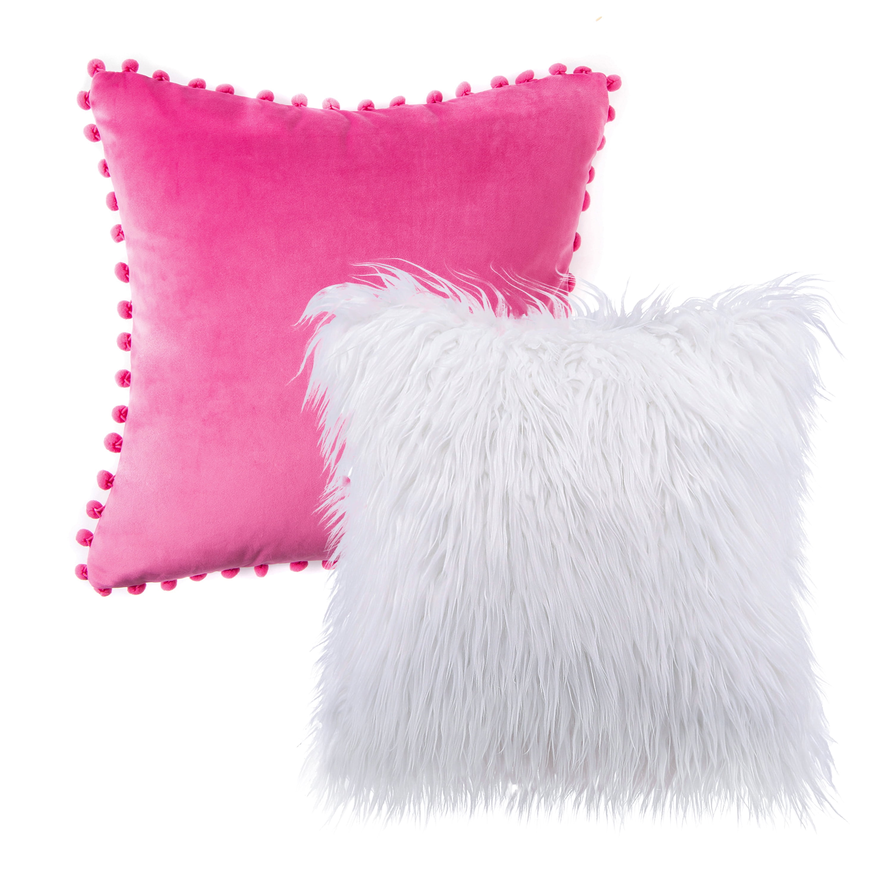 Phantoscope Designer's Choice Decorative Throw Pillow Set, Fluffy Faux Fur & Pom Pom Velvet Bundle, for Sofa Couch Bedroom, 18" x 18", White Fur and Pink Velvet, 2 Pack
