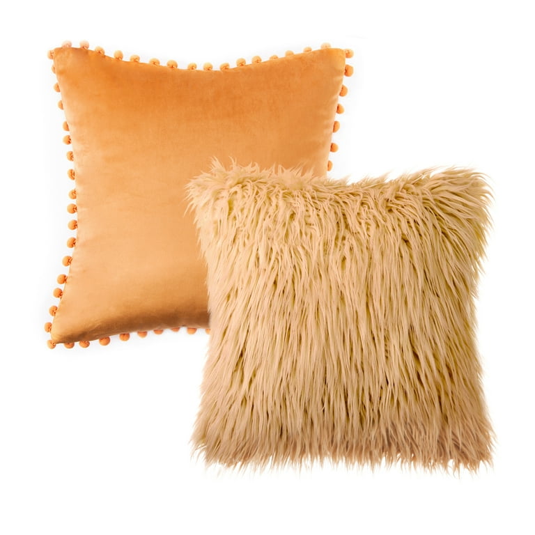 Phantoscope Designer s Choice Decorative Throw Pillow Set Fluffy Faux Fur Pom Pom Velvet Bundle for Sofa Couch Bedroom 18 x 18