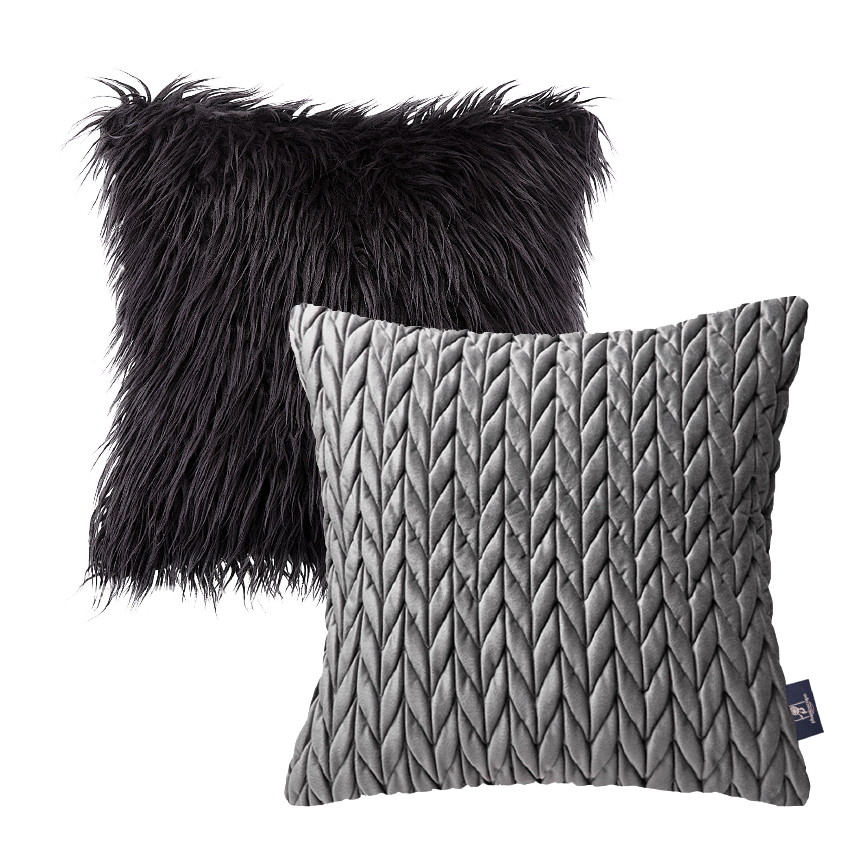 Phantoscope Designer's Choice Decorative Throw Pillow Set, Fluffy Faux Fur & Quilted Velvet Bundle, for Sofa Couch Bedroom, 18 inch x 18 inch, Black