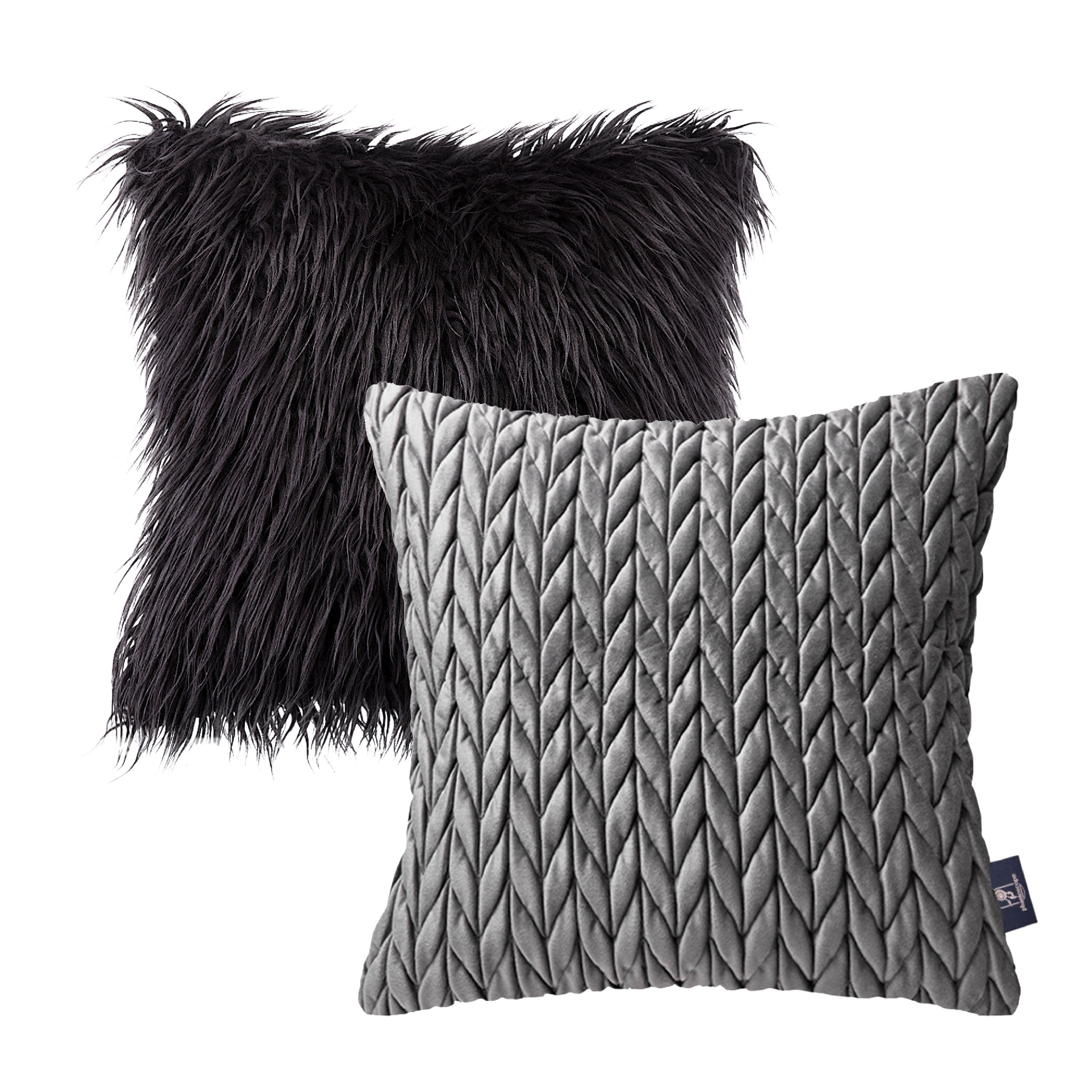 Phantoscope Designer's Choice Decorative Throw Pillow Set, Fluffy Faux Fur & Quilted Velvet Bundle, for Sofa Couch Bedroom, 18" x 18", Black Fur and Dark Gray Velvet, 2 Pack