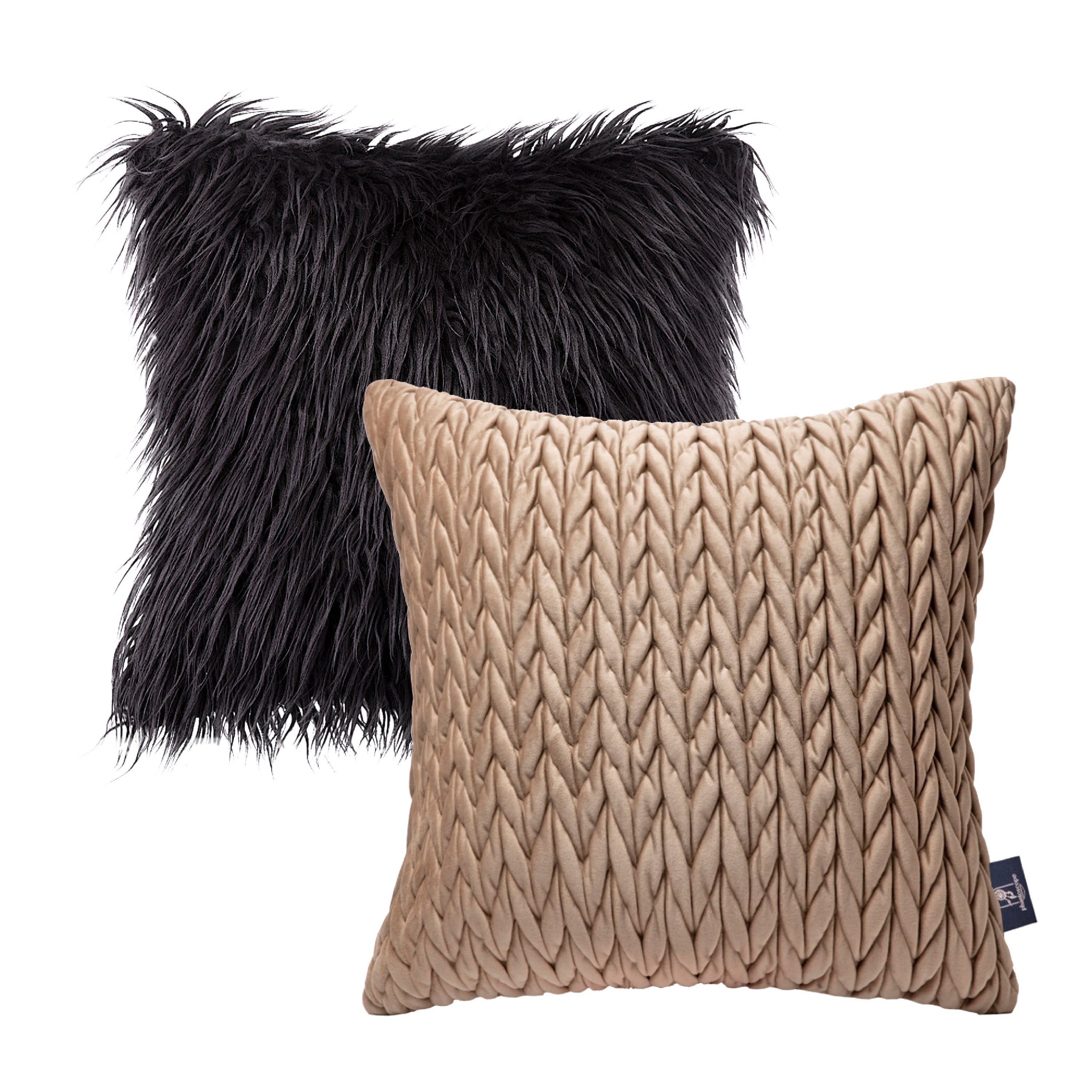 Phantoscope Designer's Choice Decorative Throw Pillow Set, Fluffy Faux Fur & Quilted Velvet Bundle, for Sofa Couch Bedroom, 18" x 18", Black Fur and Light Brown Velvet, 2 Pack