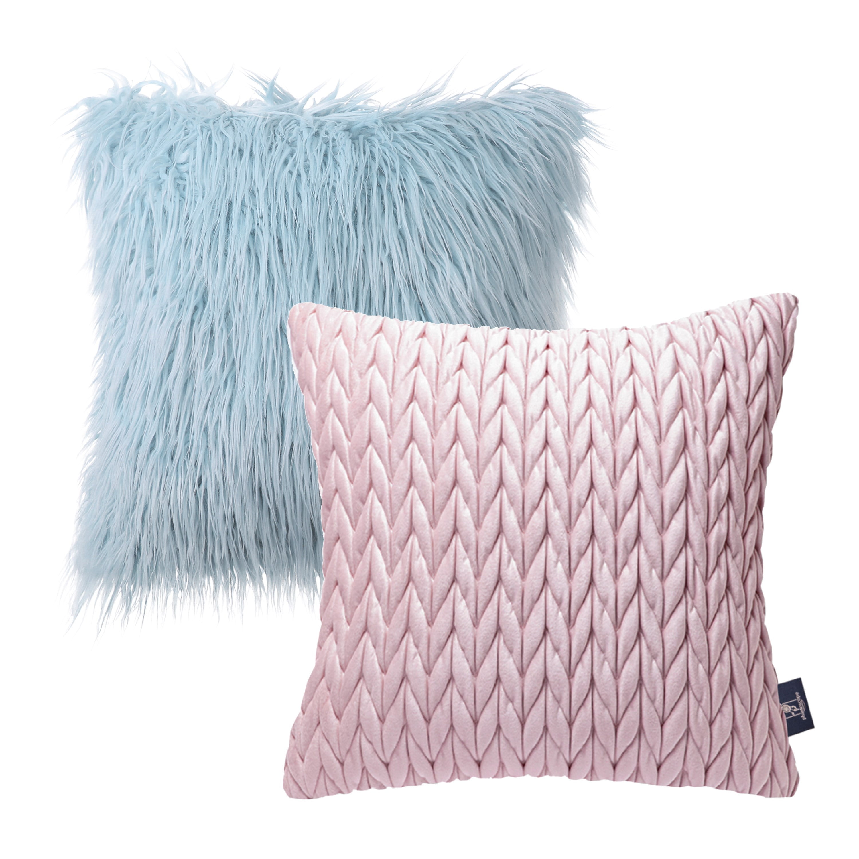 Phantoscope Designer's Choice Decorative Throw Pillow Set, Fluffy Faux Fur & Quilted Velvet Bundle, for Sofa Couch Bedroom, 18" x 18", Blue Fur and Pink Velvet, 2 Pack