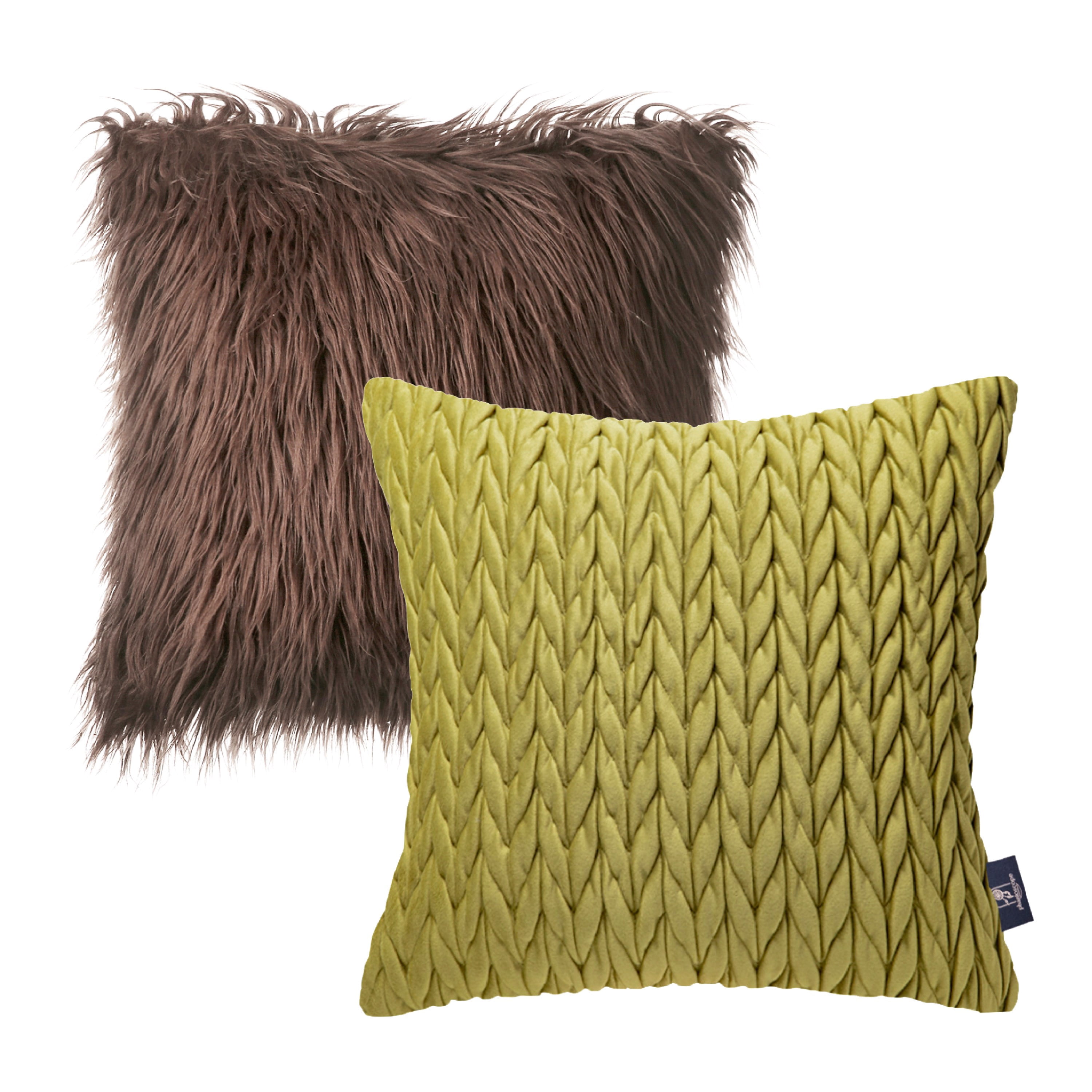 Phantoscope Designer's Choice Decorative Throw Pillow Set, Fluffy Faux Fur & Quilted Velvet Bundle, for Sofa Couch Bedroom, 18" x 18", Brown Fur and Yellow Green Velvet, 2 Pack