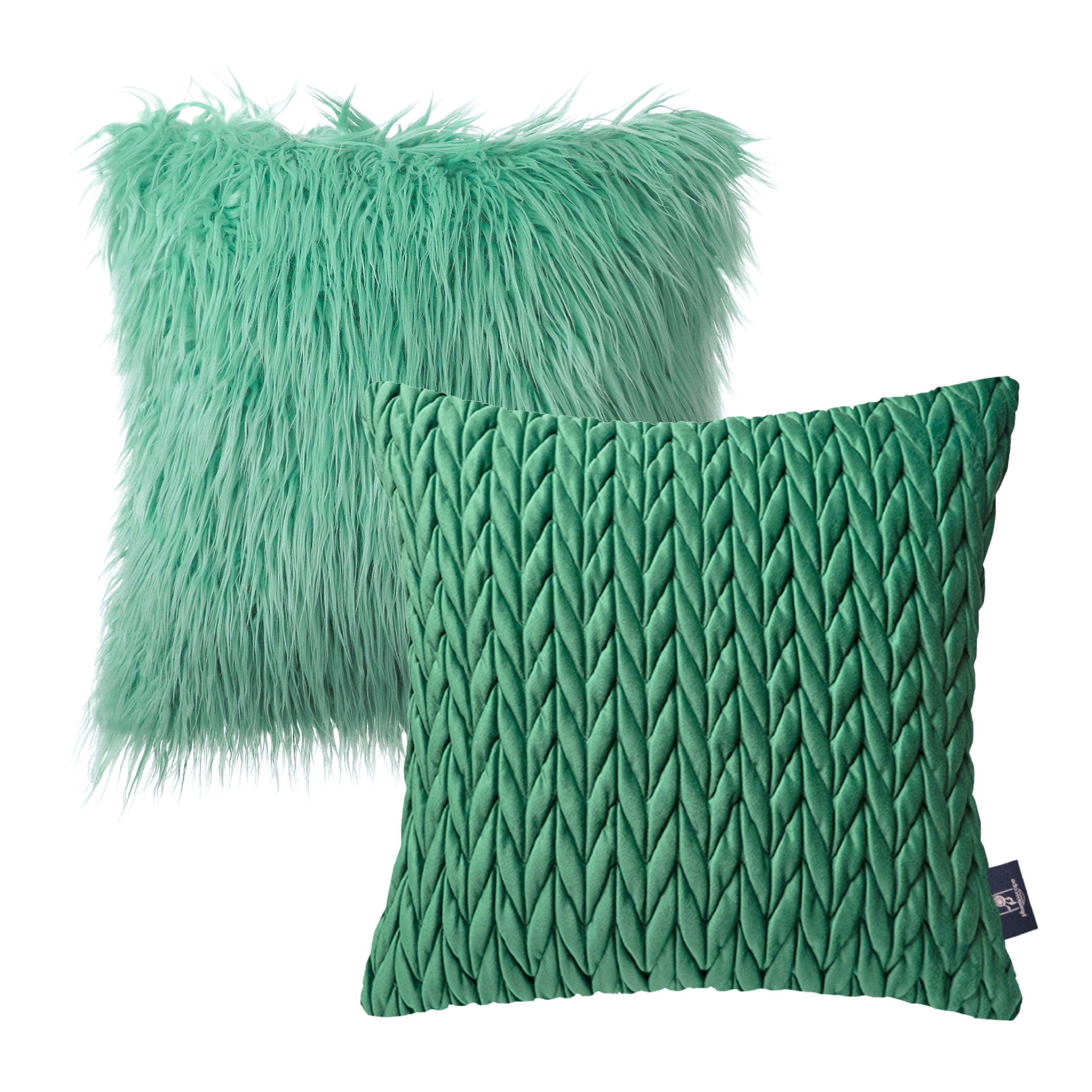 Phantoscope Designer's Choice Decorative Throw Pillow Set, Fluffy Faux Fur & Quilted Velvet Bundle, for Sofa Couch Bedroom, 18" x 18", Green Fur and Velvet, 2 Pack