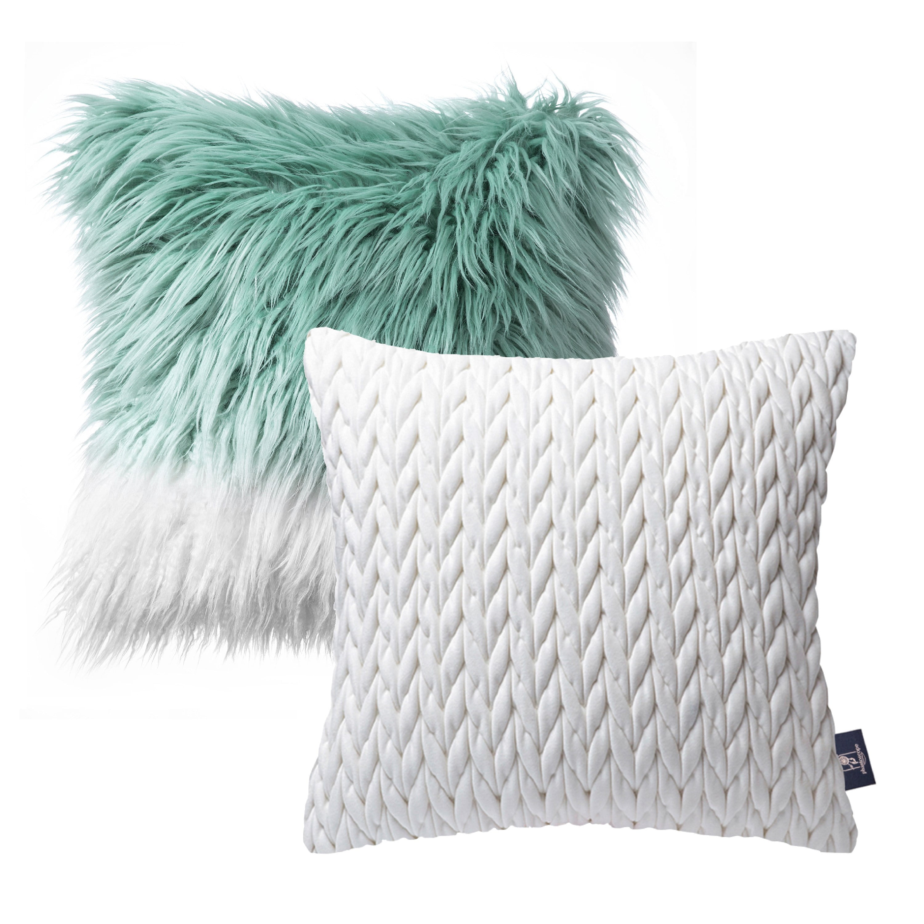 Phantoscope Designer's Choice Decorative Throw Pillow Set, Fluffy Faux Fur & Quilted Velvet Bundle, for Sofa Couch Bedroom, 18" x 18", Green to White Fur and White Velvet, 2 Pack