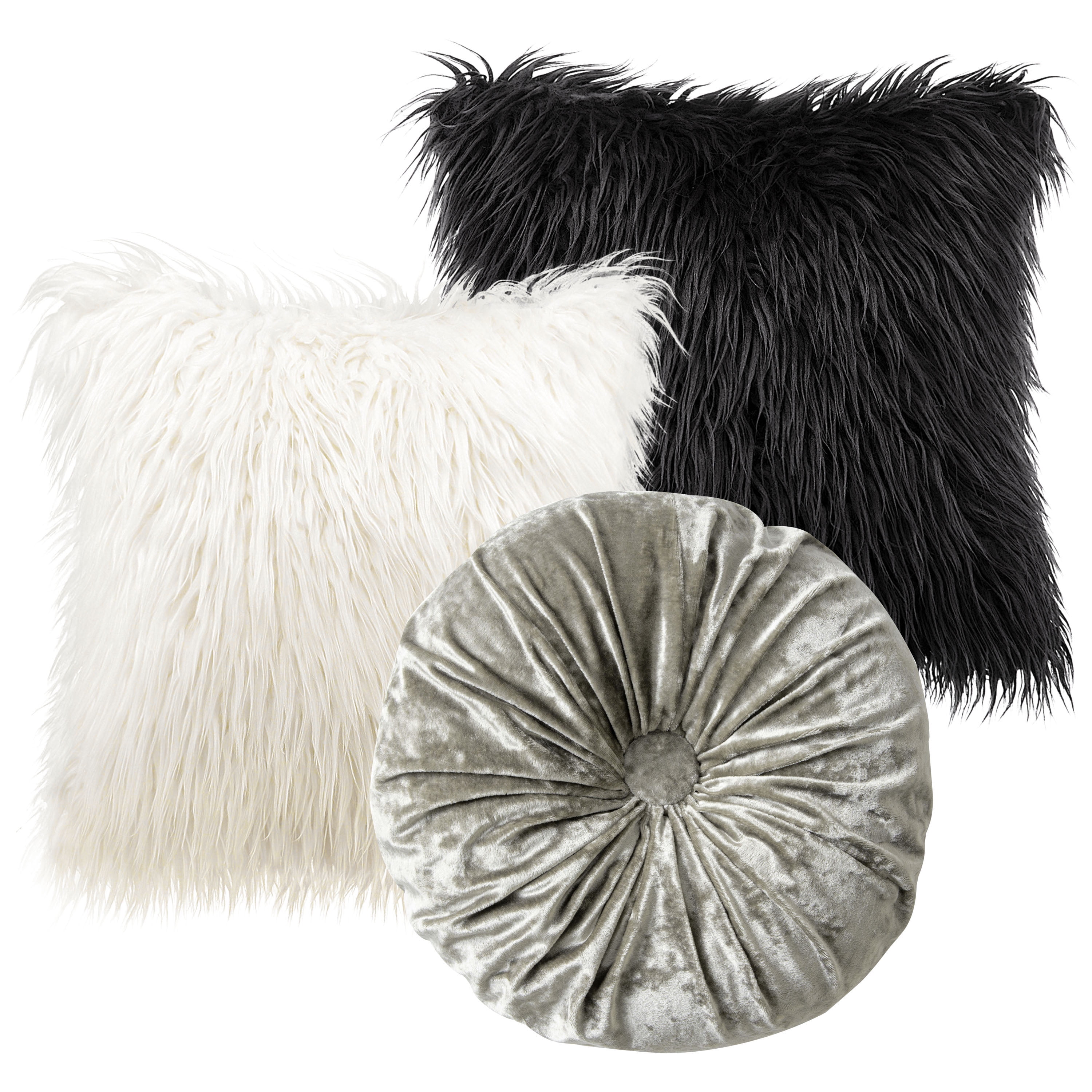 Phantoscope Designer's Choice Decorative Throw Pillow Set, Fluffy Faux Fur & Velvet Pleated Pumpkin Bundle, 16" x 16" Dark Gray Pumpkin + 18" x 18" Off White Fur+ 20" x 20" Black Fur, 3 Pack