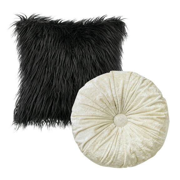 Phantoscope Designer's Choice Decorative Throw Pillow Set, Fluffy Faux Fur & Velvet Pleated Pumpkin Bundle, for Sofa Couch Bedroom, 18" x 18"+ 16" x 16", Black and Off White, 2 Pack