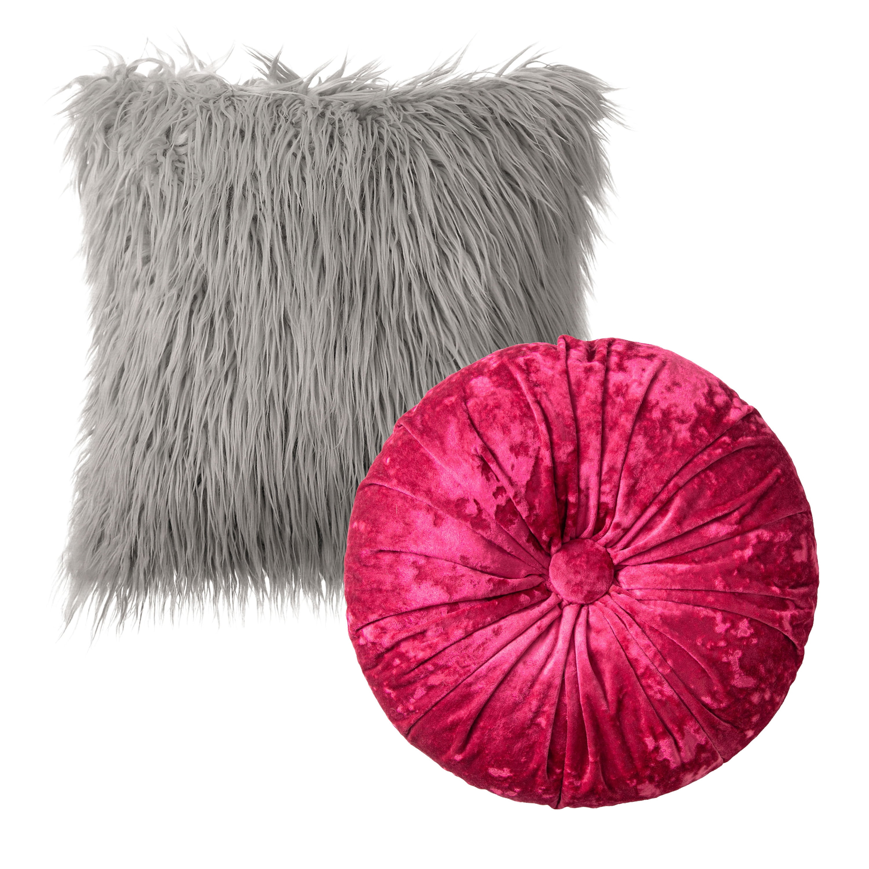 Phantoscope Designer's Choice Decorative Throw Pillow Set, Fluffy Faux Fur & Velvet Pleated Pumpkin Bundle, for Sofa Couch Bedroom, 18" x 18"+ 16" x 16", Dark Gray and Pink, 2 Pack