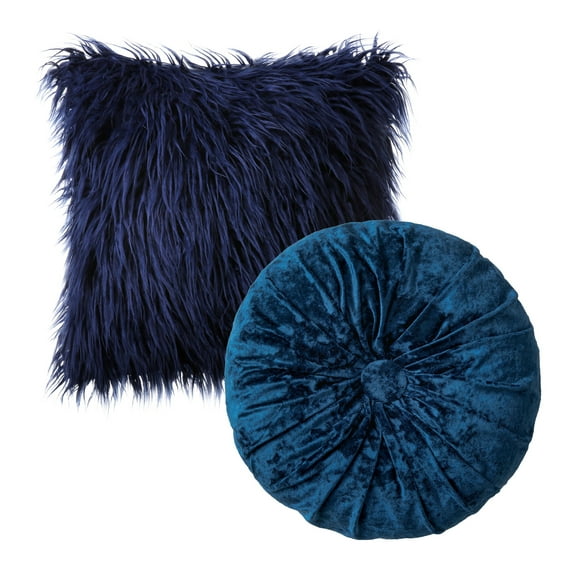 Phantoscope Designer's Choice Decorative Throw Pillow Set, Fluffy Faux Fur & Velvet Pleated Pumpkin Bundle, for Sofa Couch Bedroom, 18" x 18"+ 16" x 16", Navy, 2 Pack