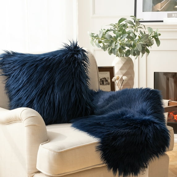 Phantoscope Designer's Choice Faux Fur Decorative Throw Pillow + Area Rug Bundle, 18" x 18"/ 2' x 3', Navy Blue, 1 Pillow + 1 Rug
