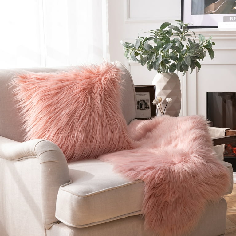 Phantoscope Designer's Choice Faux Fur Decorative Throw Pillow + Area Rug  Bundle, 18 x 18/ 2' x 6', Pink, 2 Pillows + 1 Rug